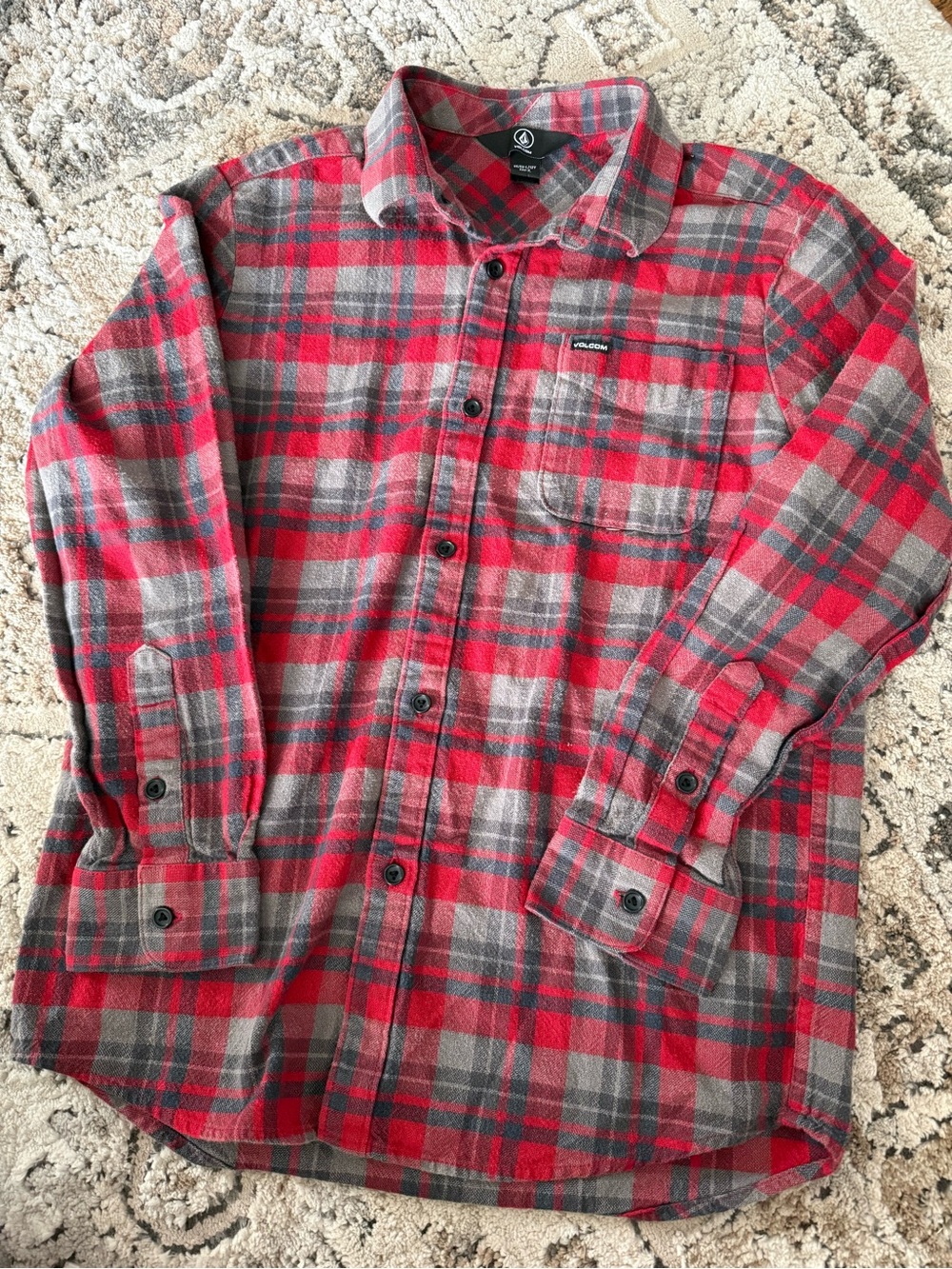 Volcom Red and Gray Plaid Button-Down Shirt